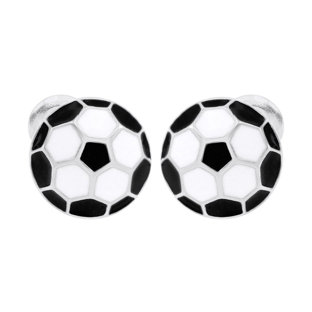 Jewelry Men's Football Black & White Enamel Round Stud Earrings In 925 Sterling Silver