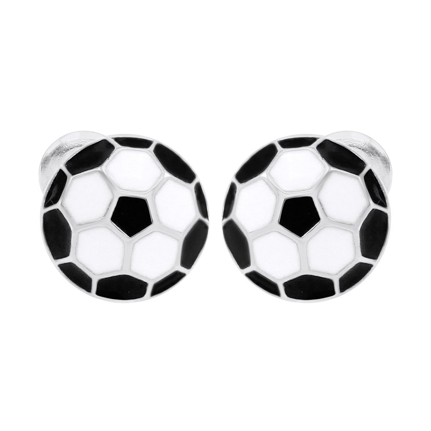 Jewelry Men's Football Black & White Enamel Round Stud Earrings In 925 Sterling Silver