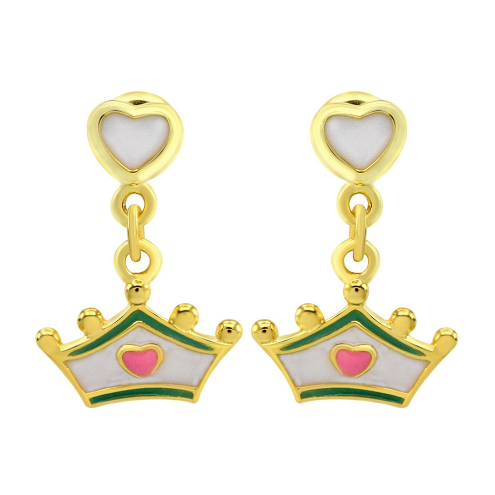 Jewelry Enamel Crown Drop Earrings in 14k Gold Over Sterling Silver