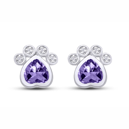 Heart & Round Cut Simulated Birthstone & White Cubic Zirconia Paw Print Stud Earrings For Women In 925 Sterling Silver