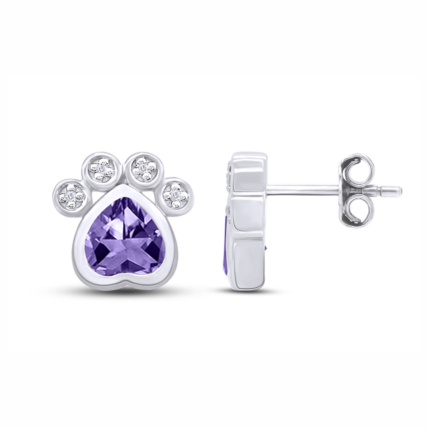 Heart & Round Cut Simulated Birthstone & White Cubic Zirconia Dog Paw Print Stud Earrings For Women In 925 Sterling Silver