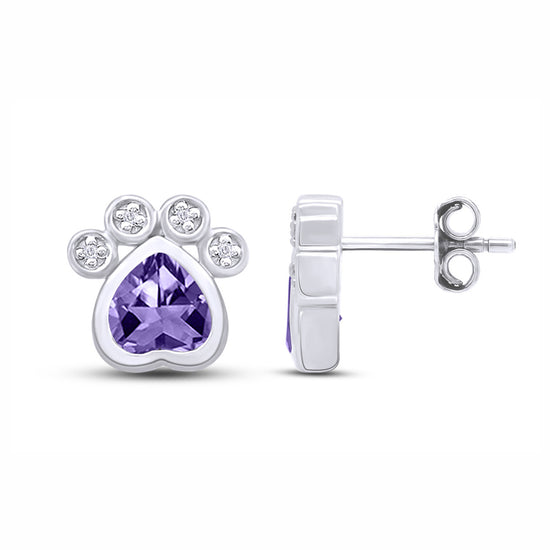 Heart & Round Cut Simulated Birthstone & White Cubic Zirconia Paw Print Stud Earrings For Women In 925 Sterling Silver