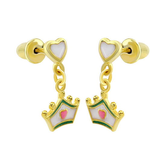 Jewelry Enamel Crown Drop Earrings in 14k Gold Over Sterling Silver