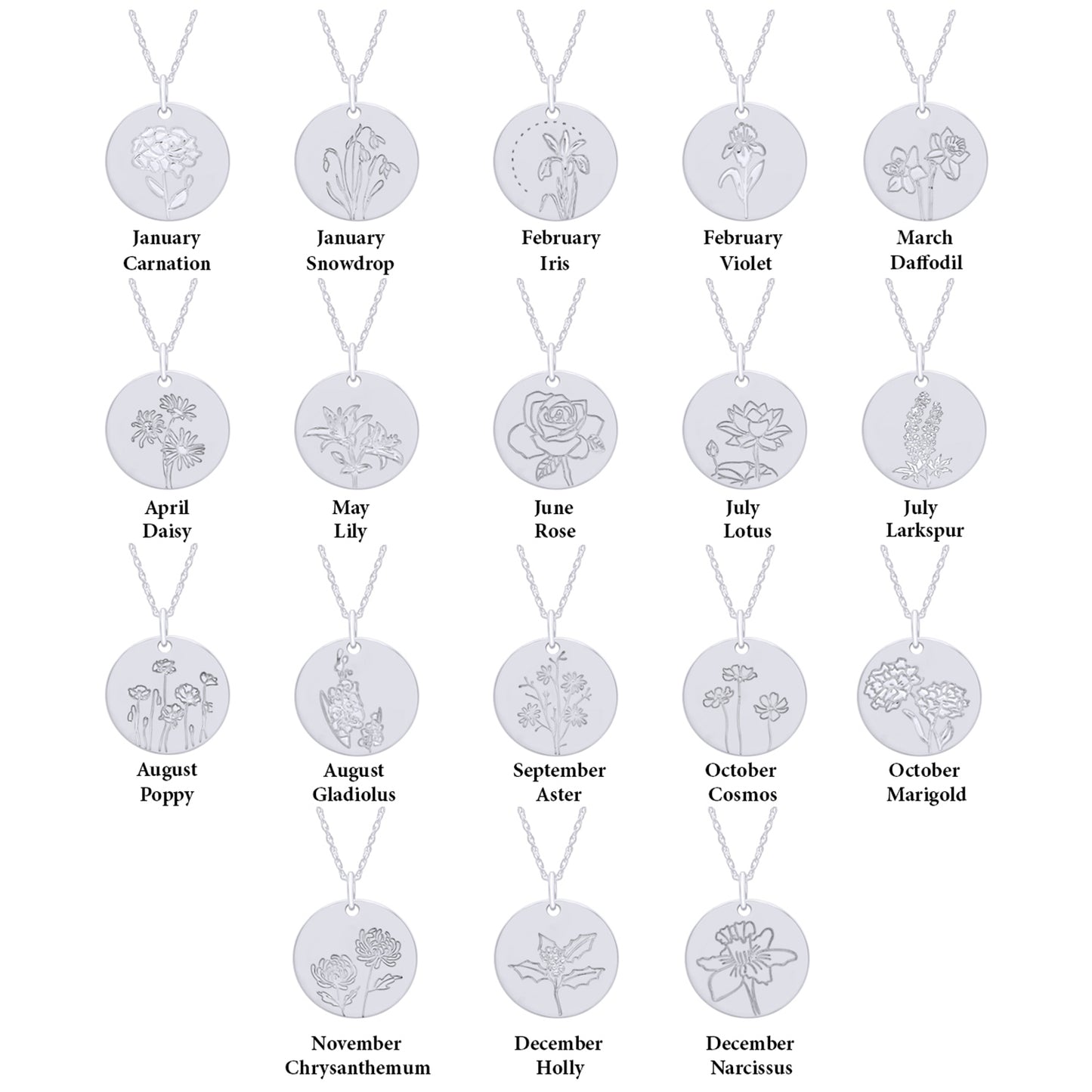 Birth Flower Necklace Engraved Custom Floral Pendant Necklaces In 14k Gold Plated Brass