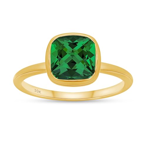 5x3.5MM Cushion Cut IGI Certified Lab Grown Green Emerald Bezel Set Solitaire Bridal Engagement Promise Ring for Women in 14K Solid Gold