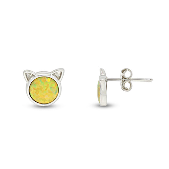 Round Synthetic Opal Cat Stud Earrings/Animal Stud Earrings For Women In 14K White Gold Over Sterling Silver