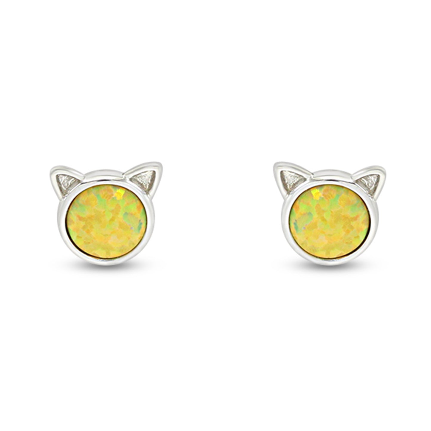 Round Synthetic Opal Cat Stud Earrings/Animal Stud Earrings For Women In 14K White Gold Over Sterling Silver