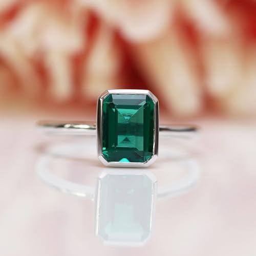 5x3.5MM Cushion Cut IGI Certified Lab Grown Green Emerald Bezel Set Solitaire Bridal Engagement Promise Ring for Women in 14K Solid Gold