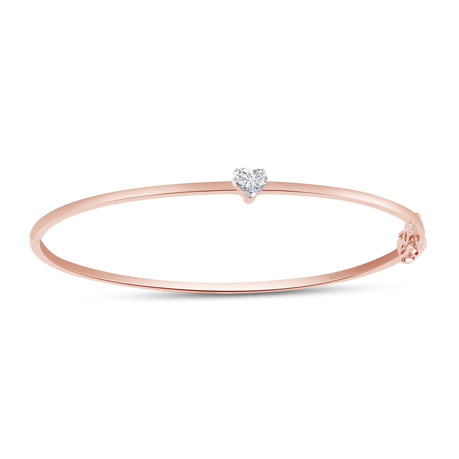 Heart Shape White Cubic Zirconia Solitaire Bangle Bracelet For Women In 925 Sterling Silver
