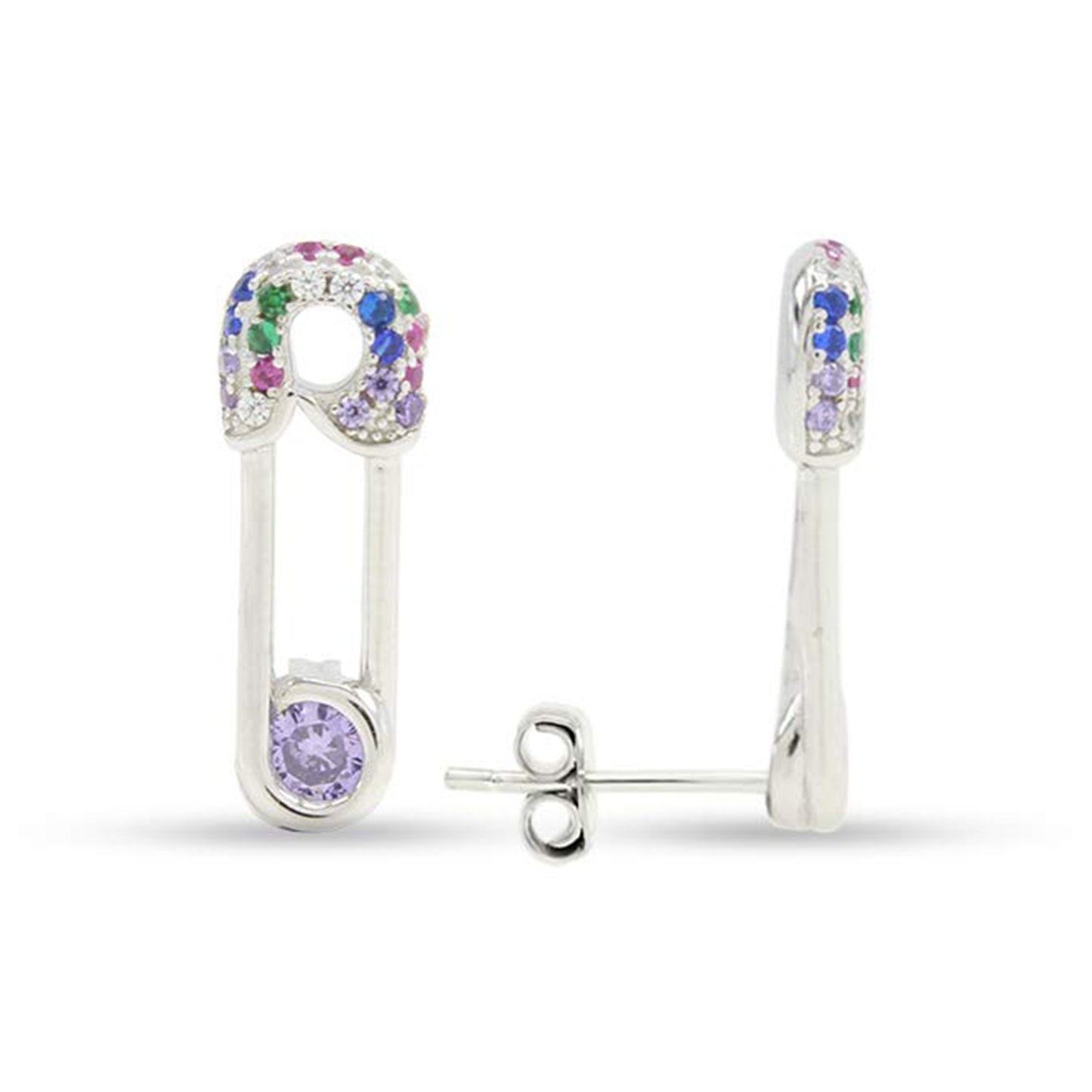 Colourful Rainbow Cubic Zirconia Tiny Dainty Safety Pin Stud Earrings For Women In 14K Gold Plated 925 Sterling Silver
