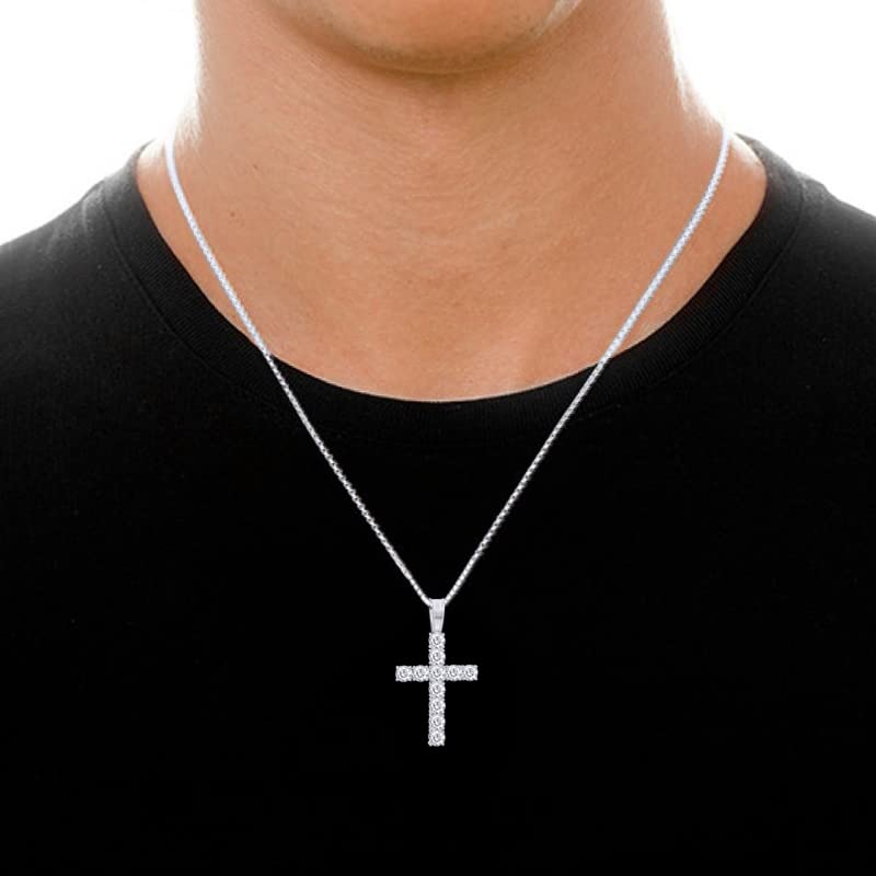 Round Cut Lab Created Moissanite Diamond Cross Tennis Pendant Necklace For Men & Women In 925 Sterling Silver