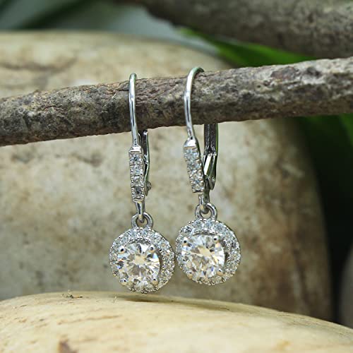 1 Carat Center 5MM Lab Created Moissanite Diamond Lever Back Halo Drop Earrings In 925 Sterling Silver (VVS1 Clarity, 1 Cttw)