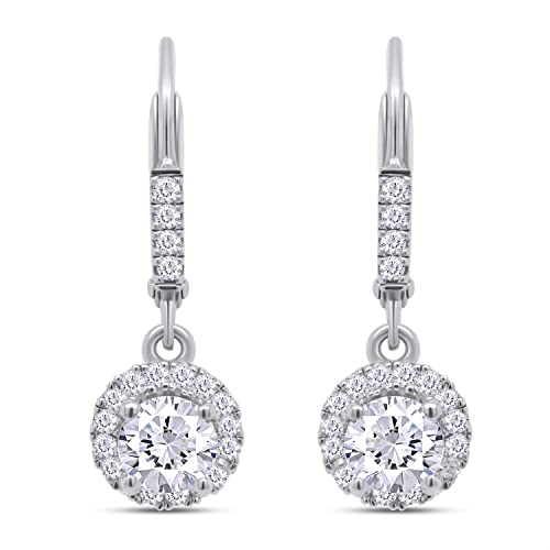 1 Carat Center 5MM Lab Created Moissanite Diamond Lever Back Halo Drop Earrings In 925 Sterling Silver (VVS1 Clarity, 1 Cttw)