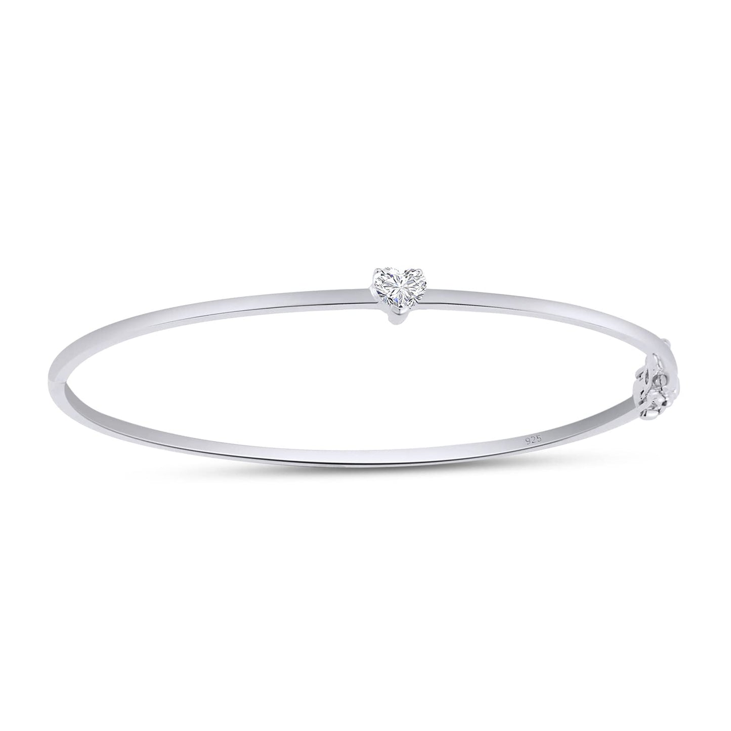 Heart Shape White Cubic Zirconia Solitaire Bangle Bracelet For Women In 925 Sterling Silver