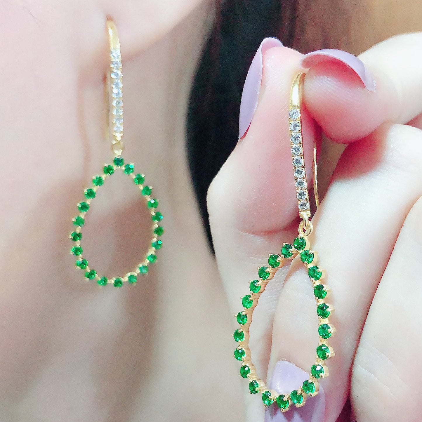 Round Cut White Cubic Zirconia & Simulated Green Emerald Open Teardrop Earrings For Womens In 10K Or 14K Solid Gold And 925 Sterling Silver