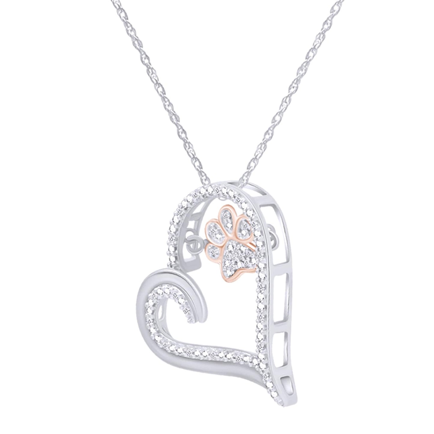 Round Cut White Natural Diamond Two Tone Paw Print Heart Pendant Necklace For Women In 925 Sterling Silver & 10K Solid Gold