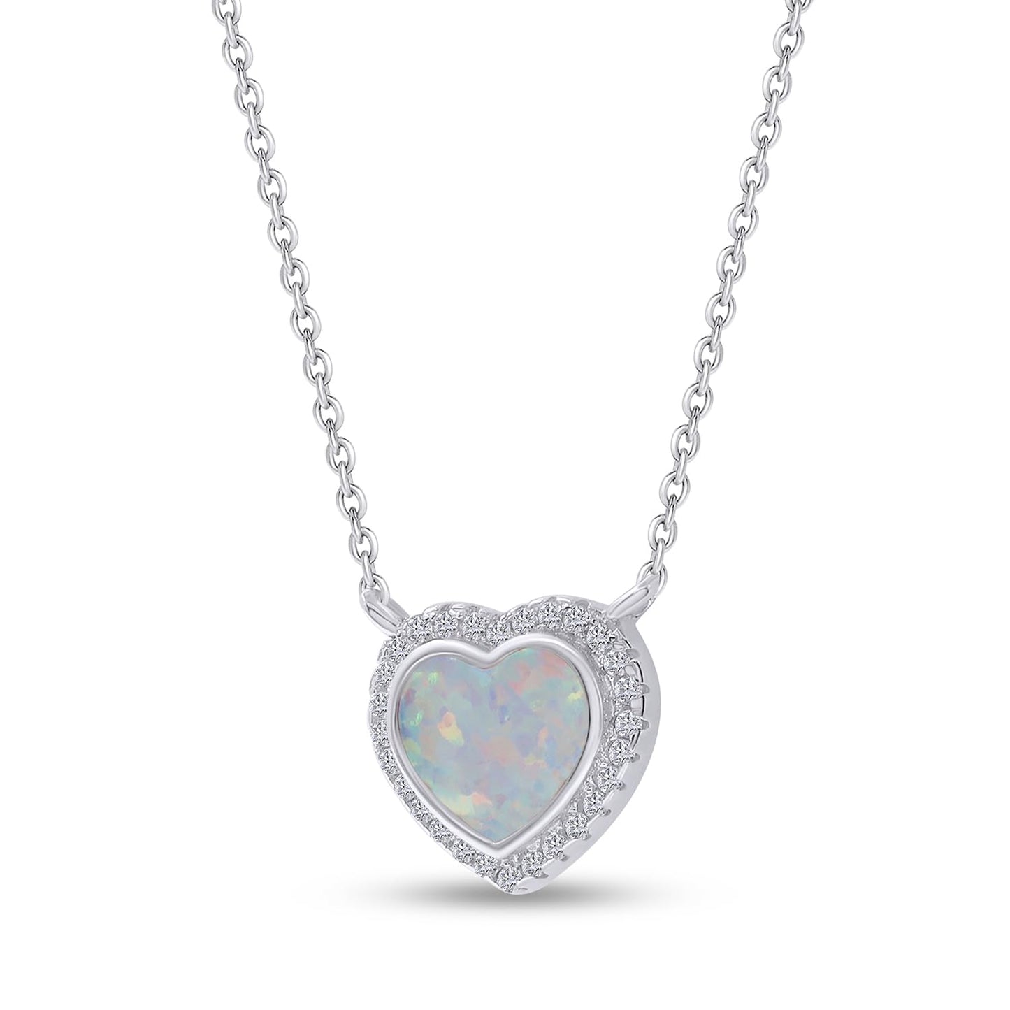 Heart Simulated Opal & Round Shape White Cubic Zirconia Halo Heart Pendant Necklace In 925 Sterling Silver Along With 16" + 2" Extension Chain