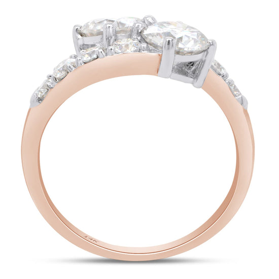 2 Carat Center 6MM Round Cut Lab Created Moissanite Diamond Two Stone Bypass Engagement Ring in 10K or 14K Solid Gold