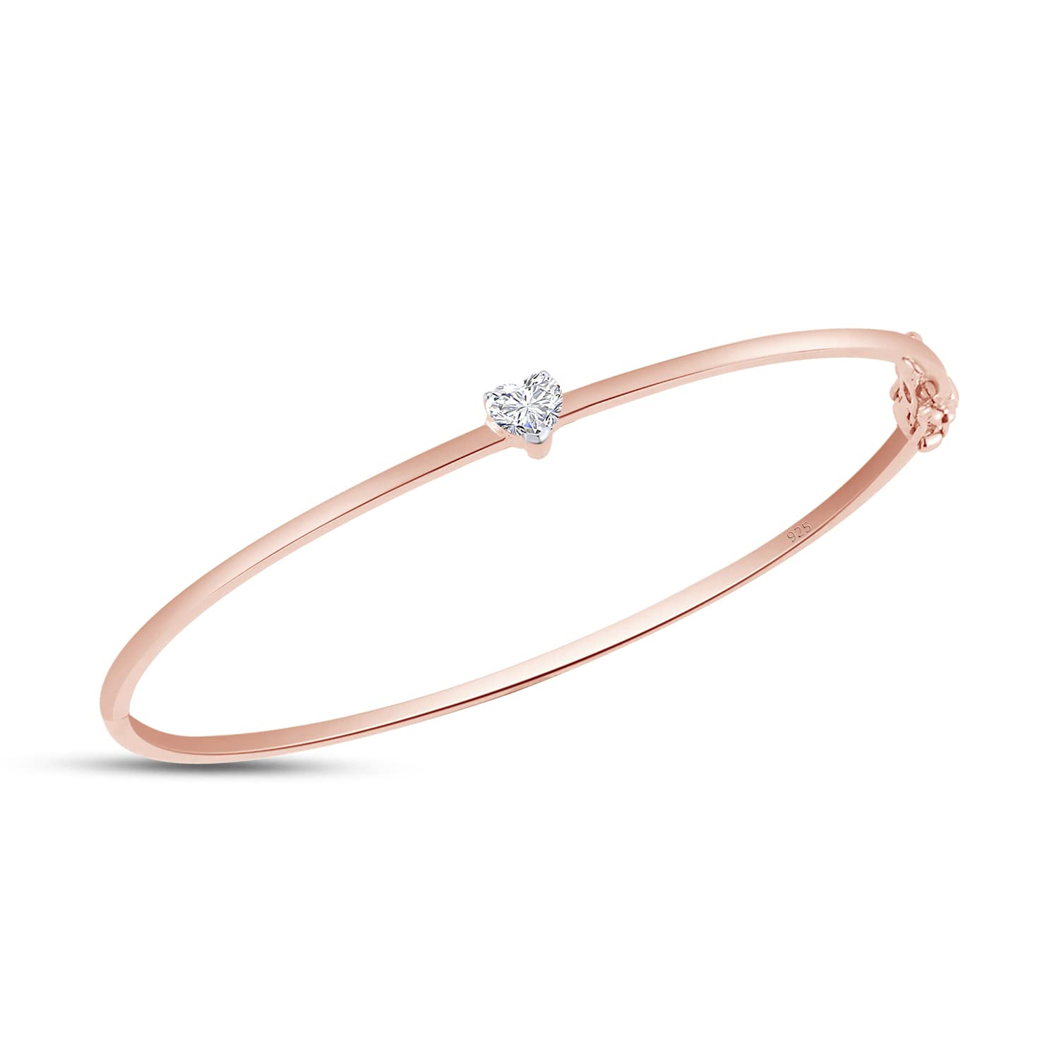 Heart Shape White Cubic Zirconia Solitaire Bangle Bracelet For Women In 925 Sterling Silver