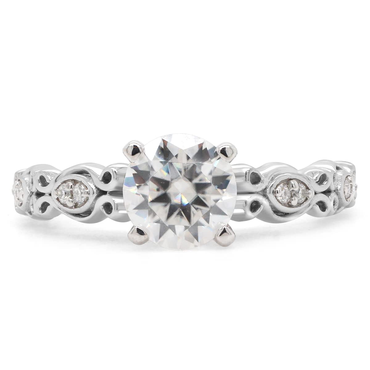 6MM Round Cut Lab Created Moissanite Diamond Solitaire Filigree Engagement Wedding Ring in 925 Sterling Silver (0.85 Cttw)