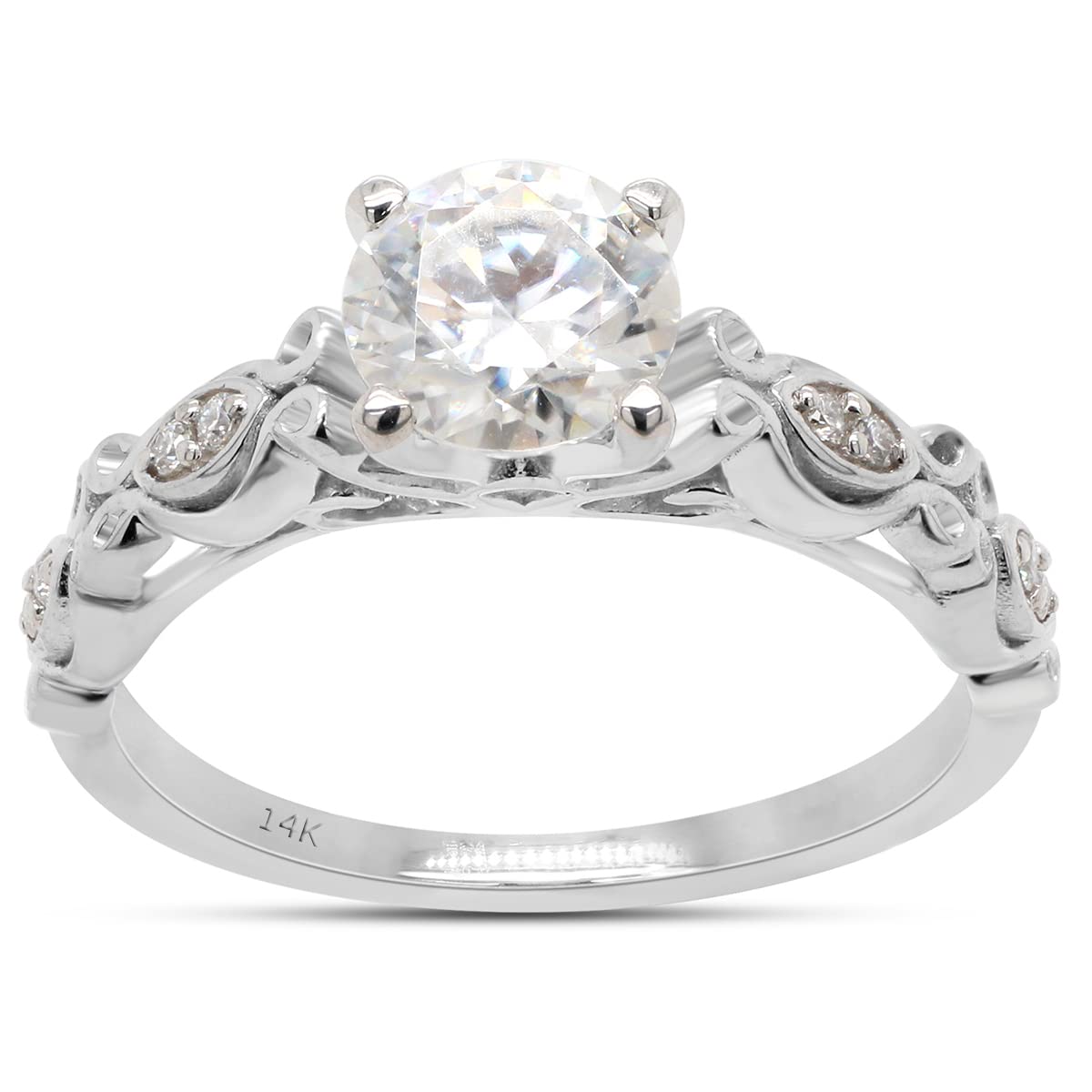 6MM Round Cut Lab Created Moissanite Diamond Solitaire Filigree Engagement Wedding Ring in 10K or 14K Solid Gold (0.85 Cttw)