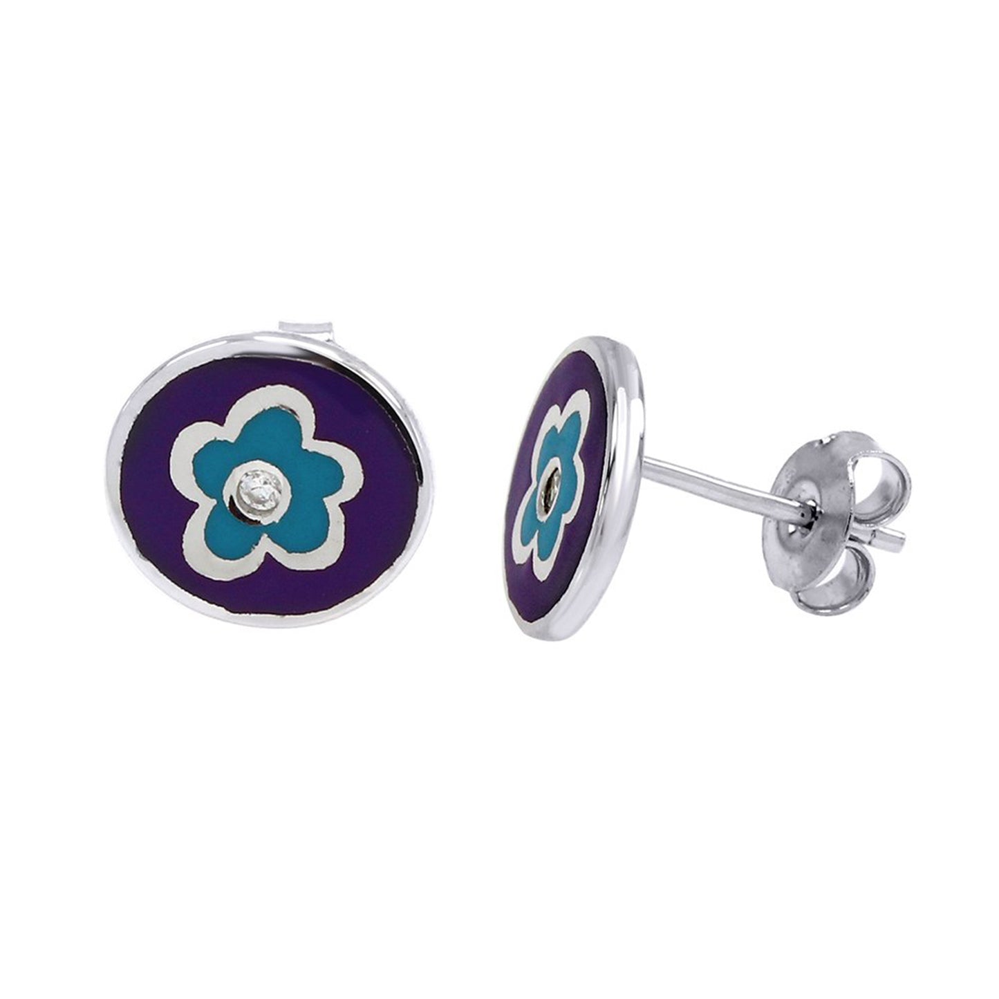 Load image into Gallery viewer, Sterling Silver Enamel Flower Cute Stud Post Earring 14K White Gold Over Sterling Silver
