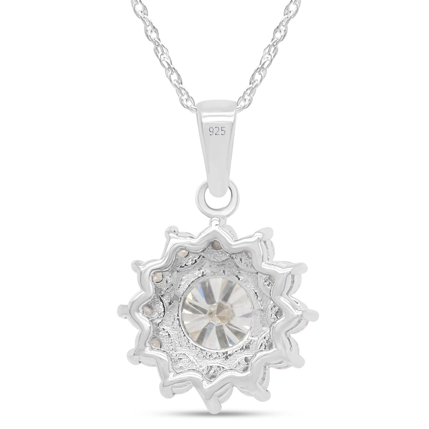 1 1/3 Carat Center Stone 6.5MM Lab Created Moissanite Diamond Halo Pendant Necklace In 925 Sterling Silver (1.33 Cttw)