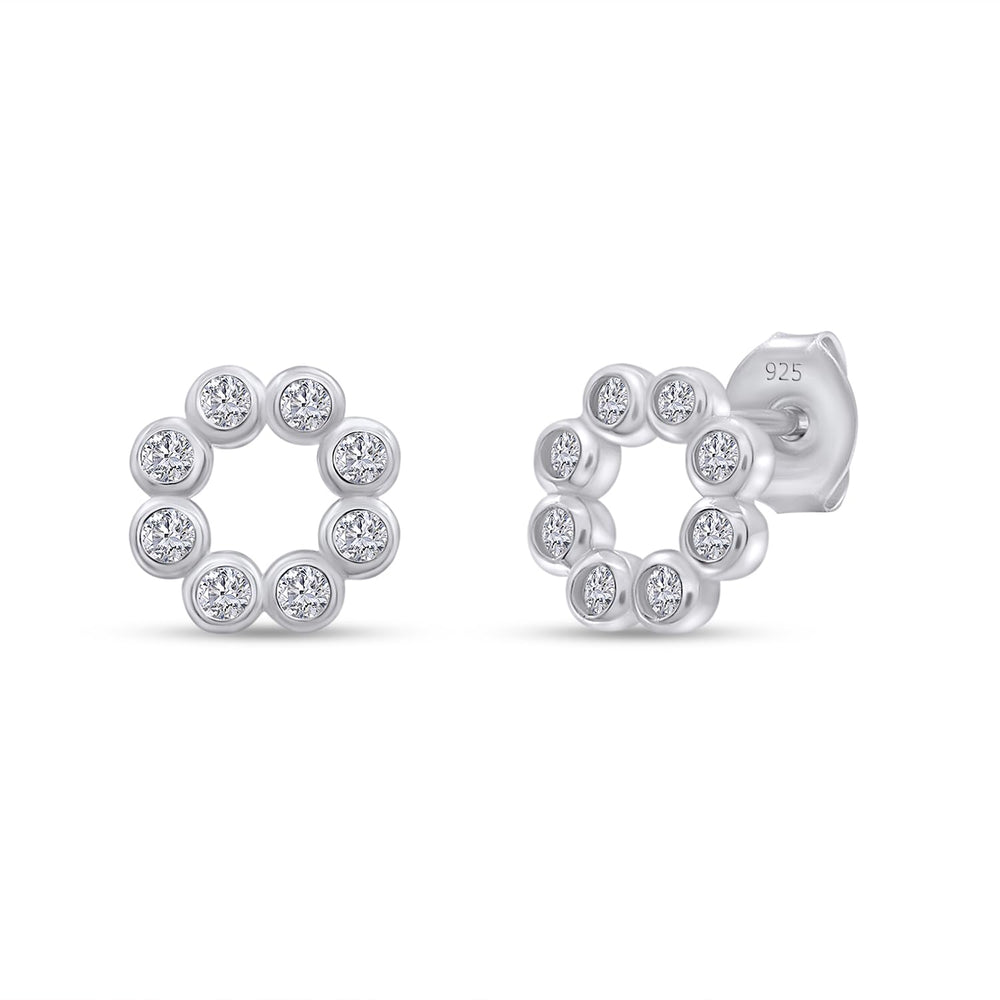 Round Sparkly White Cubic Zirconia Bezel Set Open Circle Stud Earrings In 925 Sterling Silver