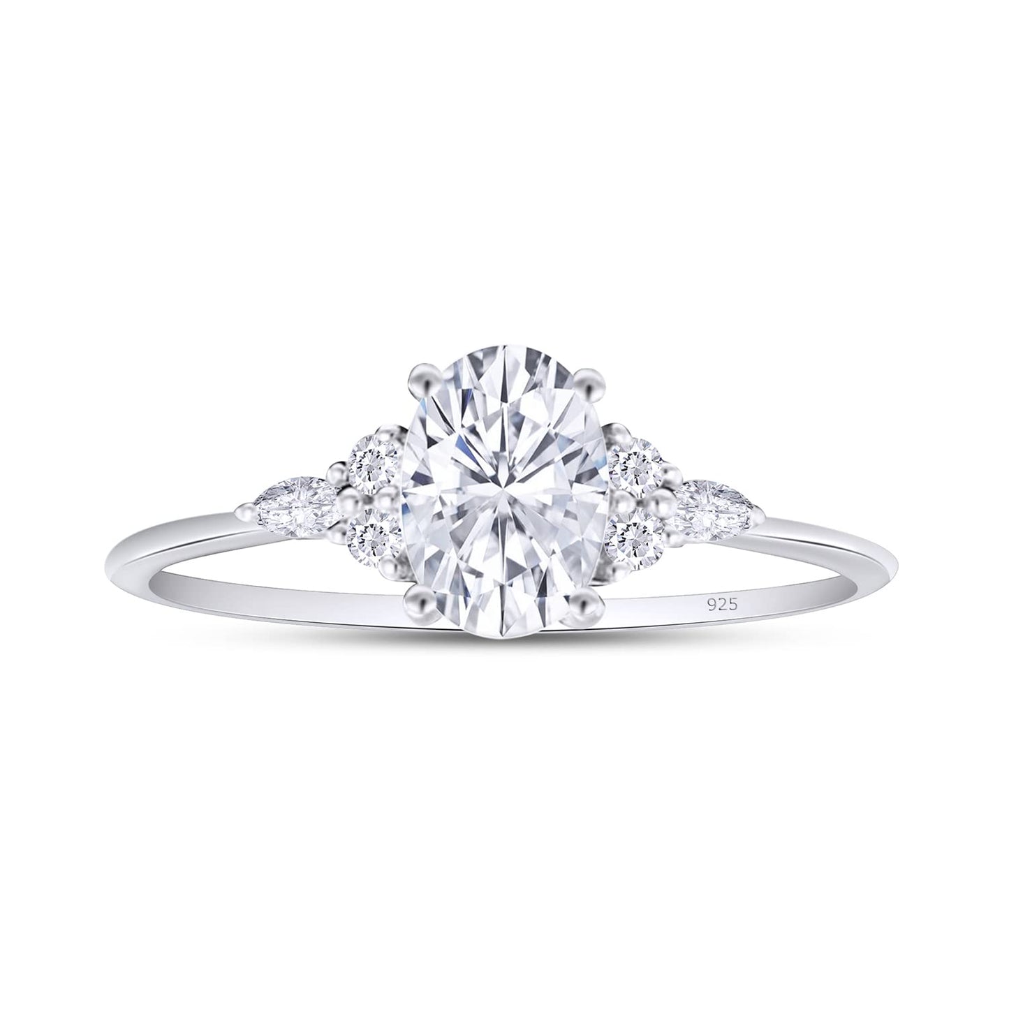 1.60 CT Center 8X6MM Oval, Marquise & Round Cut Lab Created Moissanite Diamond Solitaire Engagement Ring For Women In 925 Sterling Silver