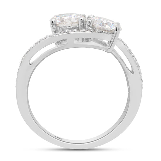 1 3/4 Carat Lab Created Moissanite Diamond Two Stone Bypass Engagement Ring in 10K or 14K Solid Gold For Women (1.75 Cttw)