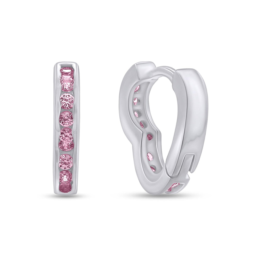 
                      
                        Round Simulated Pink Tourmaline Single Row Heart Shaped Huggie Hoop Earrings For Women In 925 Sterling Silver
                      
                    