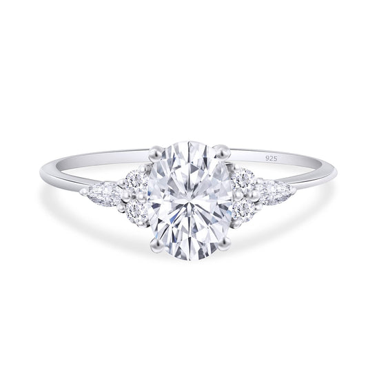 3 Carat Center 10X8MM Oval, Marquise & Round Cut Lab Created Moissanite Diamond Solitaire Engagement Ring For Women In 925 Sterling Silver