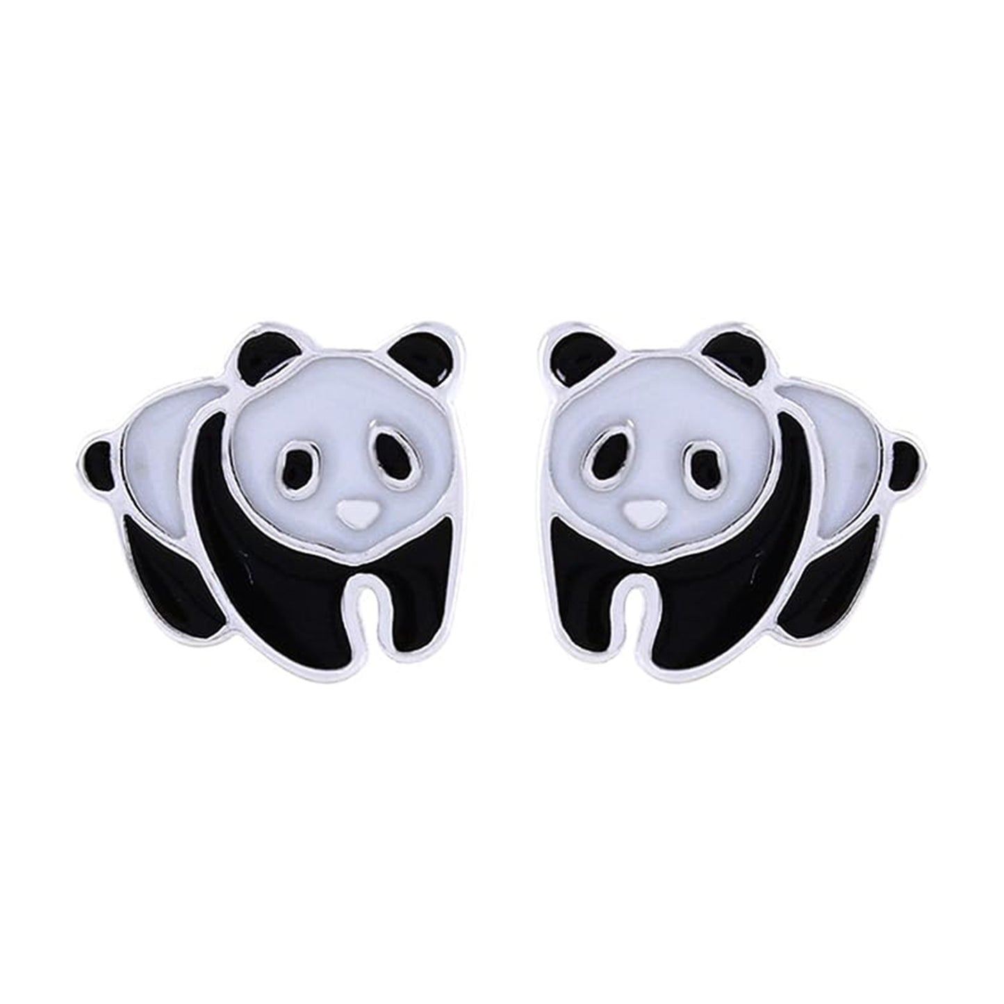 Jewelry Black & White Enamel Panda Charm Stud Earrings in 925 Sterling Silver