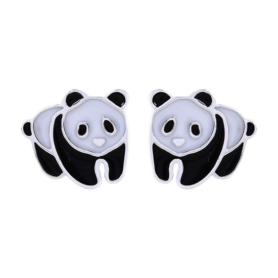 Jewelry Black & White Enamel Panda Charm Stud Earrings in 925 Sterling Silver
