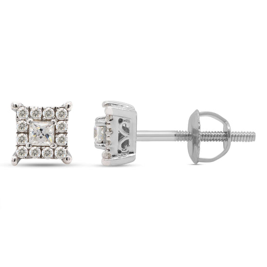 1/5 Carat Princess & Round Cut Lab Created Moissanite Diamond Screw Back Halo Studs Earrings in 10K or 14K Solid Gold For Women (0.20 Cttw)