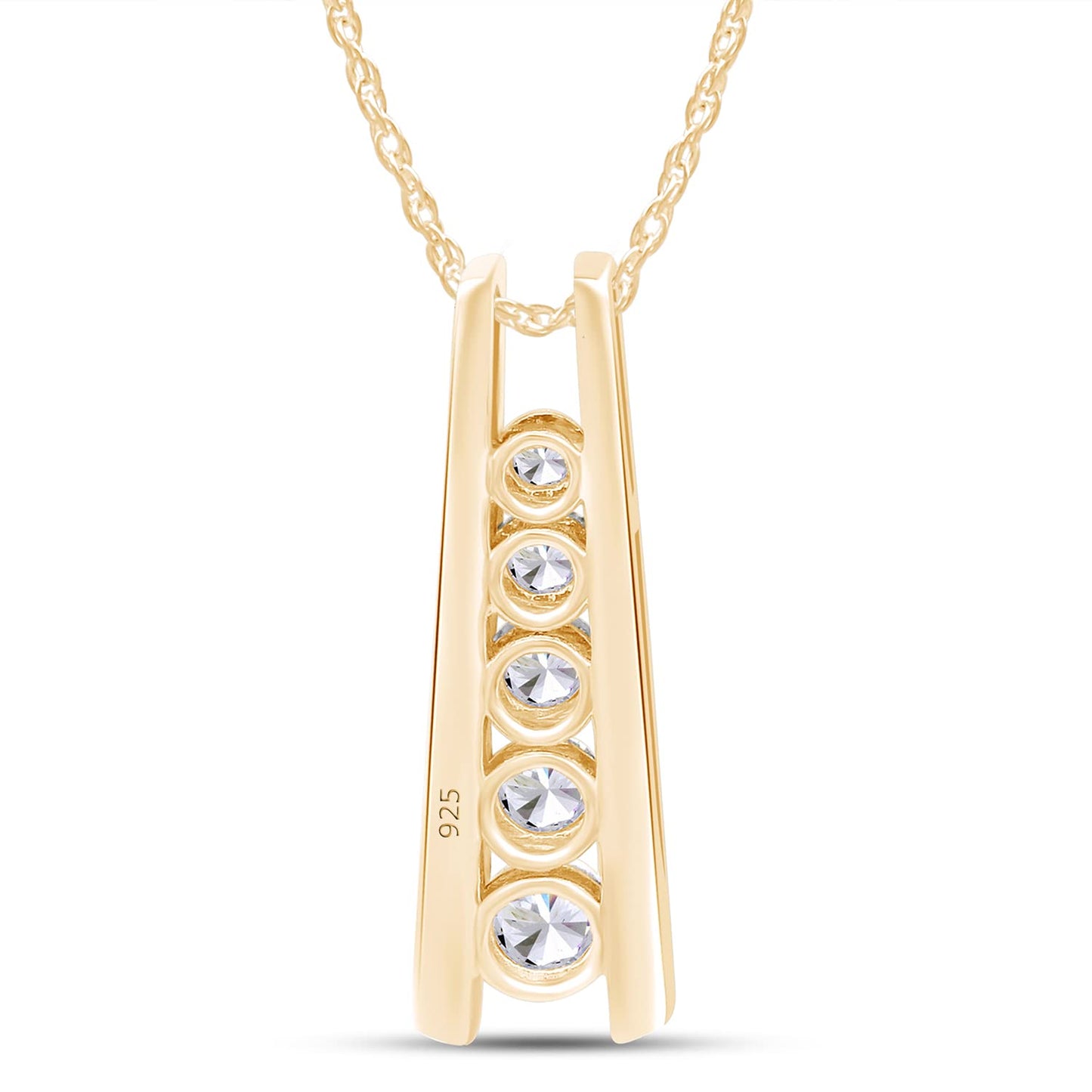 Round Cut Lab Created Moissanite Diamond Five Stone Journey Bar Pendant Necklace In 925 Sterling Silver