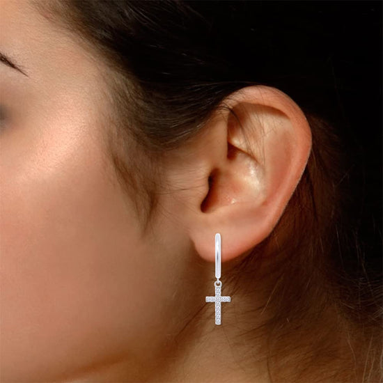1/5 Carat Lab Created Moissanite Diamond Huggies Cross Drop Earrings In 925 Sterling Silver (0.20 Cttw)