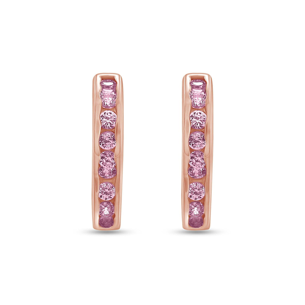 
                      
                        Round Simulated Pink Tourmaline Single Row Heart Shaped Huggie Hoop Earrings For Women In 925 Sterling Silver
                      
                    