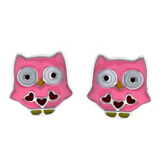 Jewelry Pink & Red Enamel Owl Stud Earrings in 14k Gold Over Sterling Silver