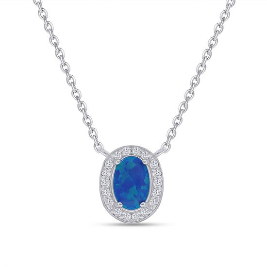 Oval Cut Simulated Blue Opal & Round Shape White Cubic Zirconia Halo Pendant Necklace For Women In 925 Sterling Silver Along With 16" + 2" Extension Chain