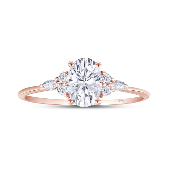 1.60 CT Center 8X6MM Oval, Marquise & Round Cut Lab Created Moissanite Diamond Solitaire Engagement Ring For Women In 925 Sterling Silver