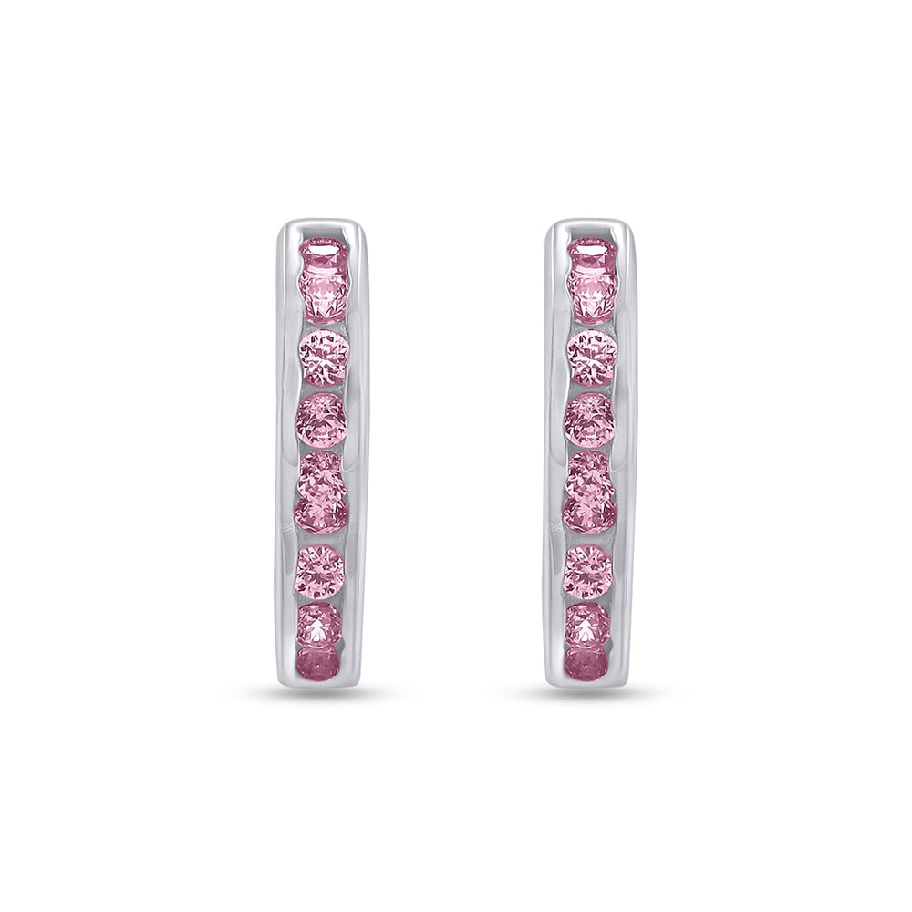 
                      
                        Round Simulated Pink Tourmaline Single Row Heart Shaped Huggie Hoop Earrings For Women In 925 Sterling Silver
                      
                    