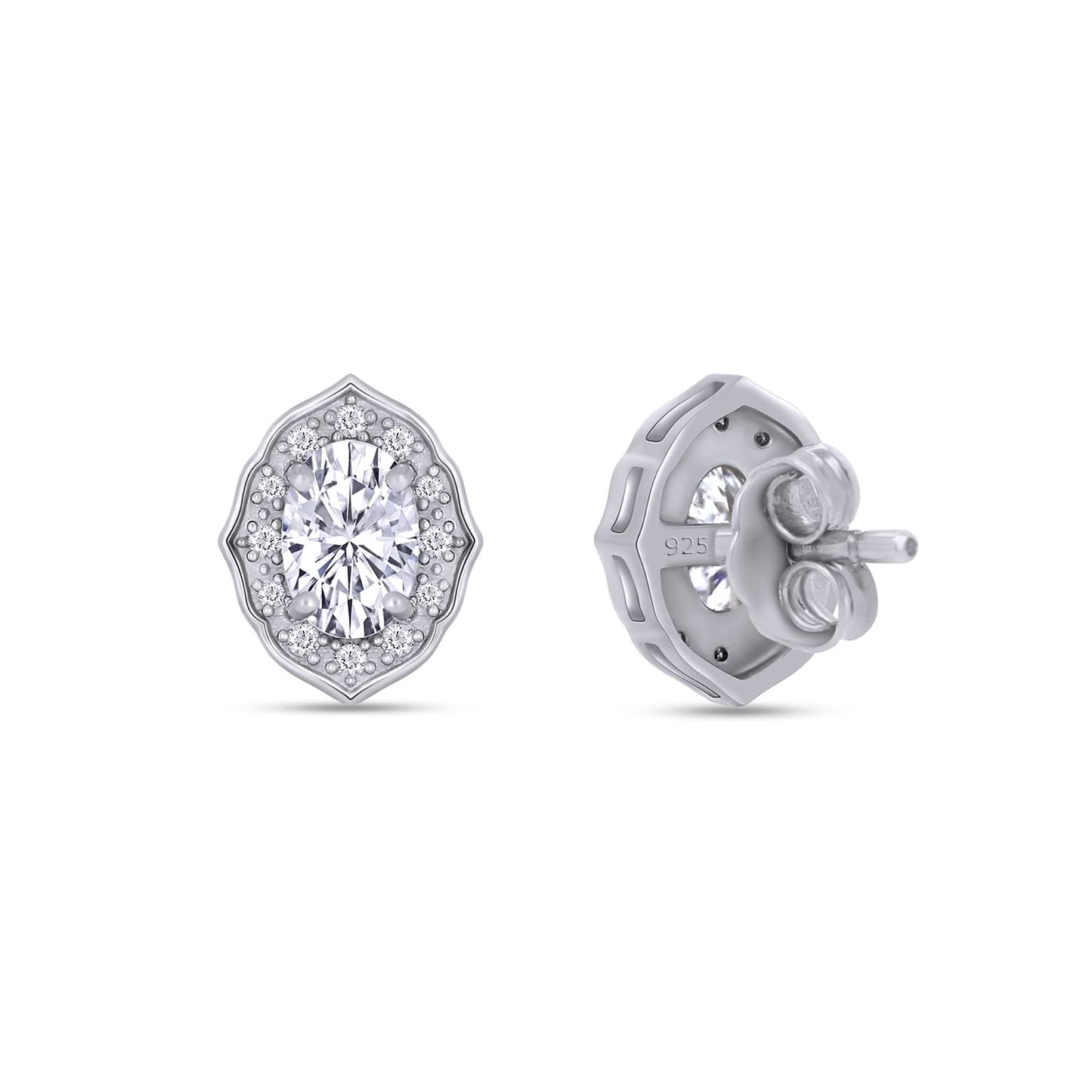 Oval & Round Cut Lab Created Diamond Moissanite Vintage Floral Halo Stud Earring In 925 Sterling Silver (1.10 Cttw)