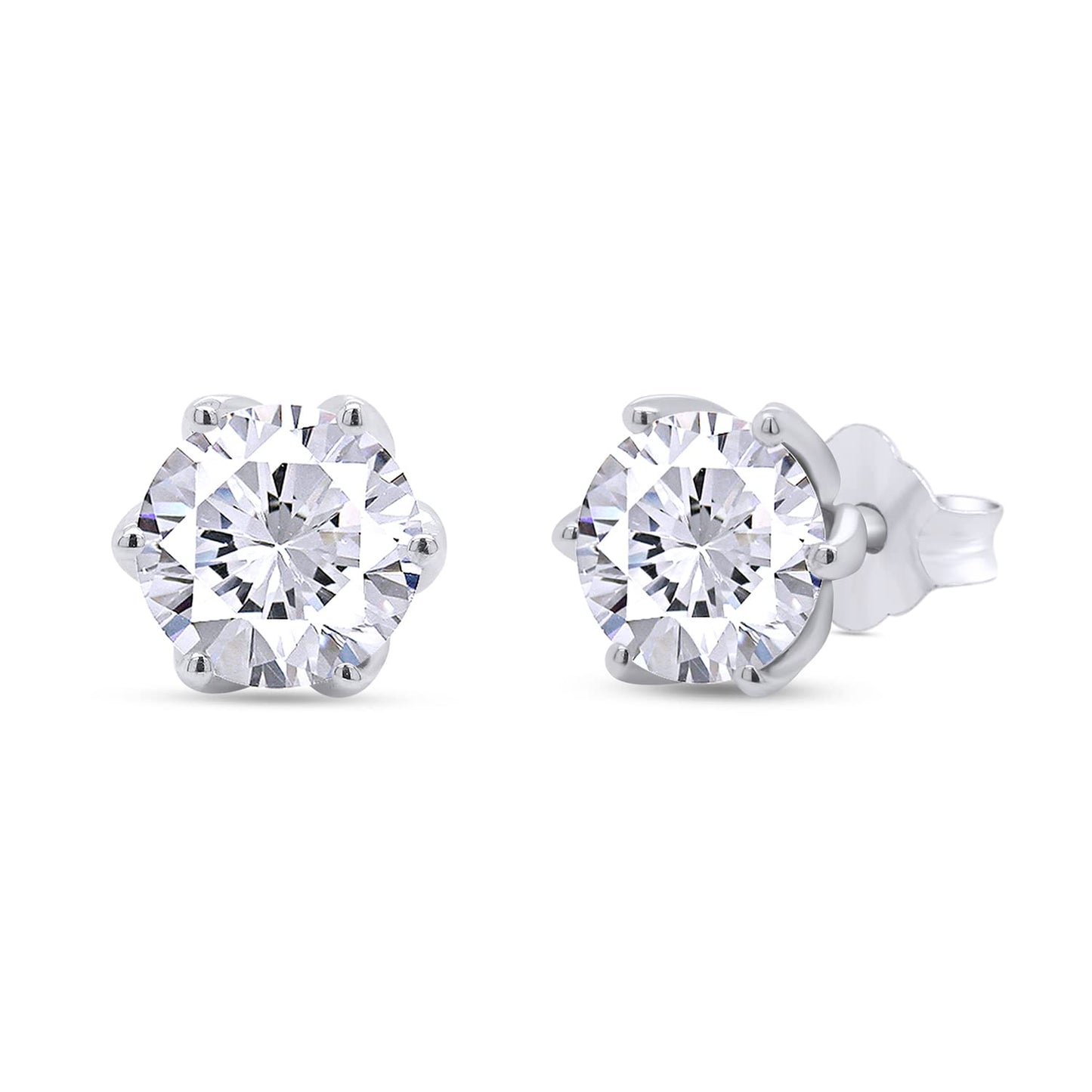 2 Carat Center 6.5mm Round Cut Lab Created Moissanite Diamond Push Back Stud Earrings In 925 Sterling Silver (2 Cttw)