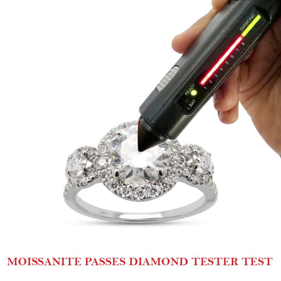 Load image into Gallery viewer, 2 1/4 CTTW 7.5MM Center Round Cut Lab Created Moissanite Diamond Three Stone Halo Engagement Ring in 10K or 14K Solid Gold (2.25 Cttw)
