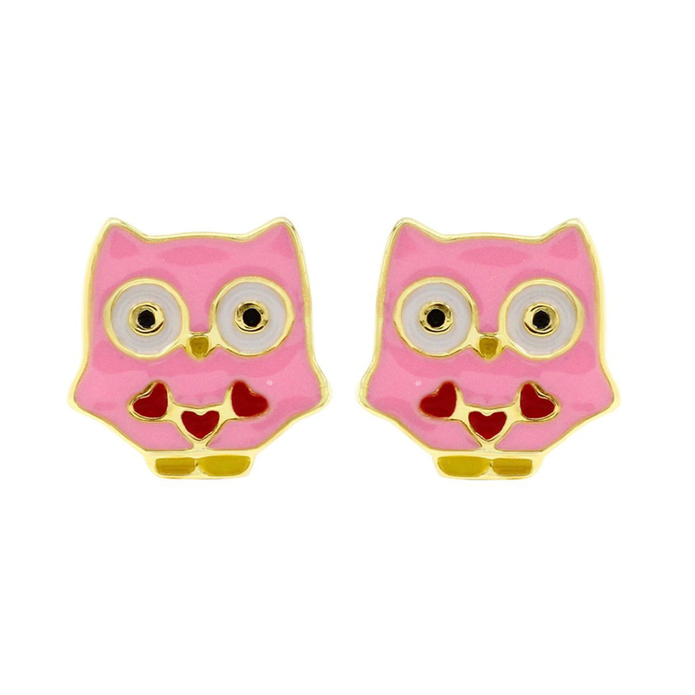 
                      
                        Jewelry Pink & Red Enamel Owl Stud Earrings in 14k Gold Over Sterling Silver
                      
                    