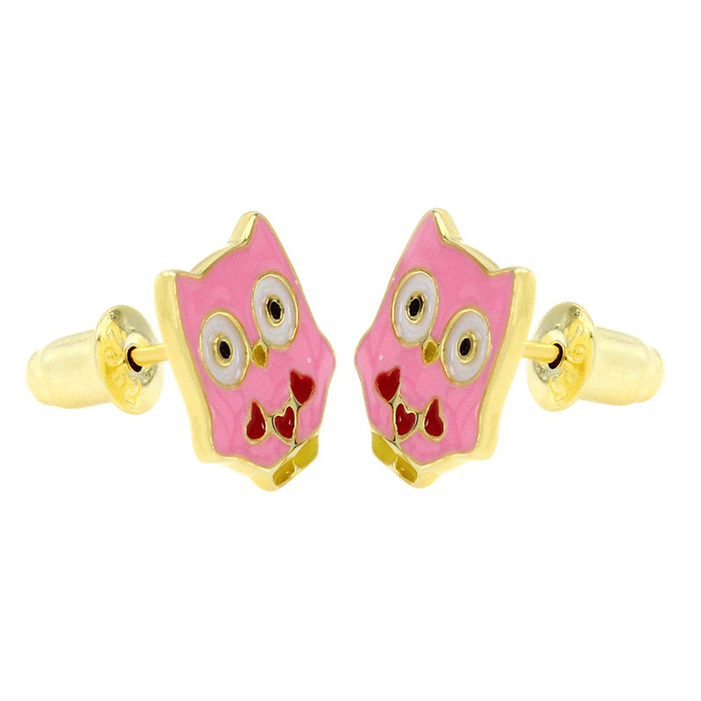 
                      
                        Jewelry Pink & Red Enamel Owl Stud Earrings in 14k Gold Over Sterling Silver
                      
                    