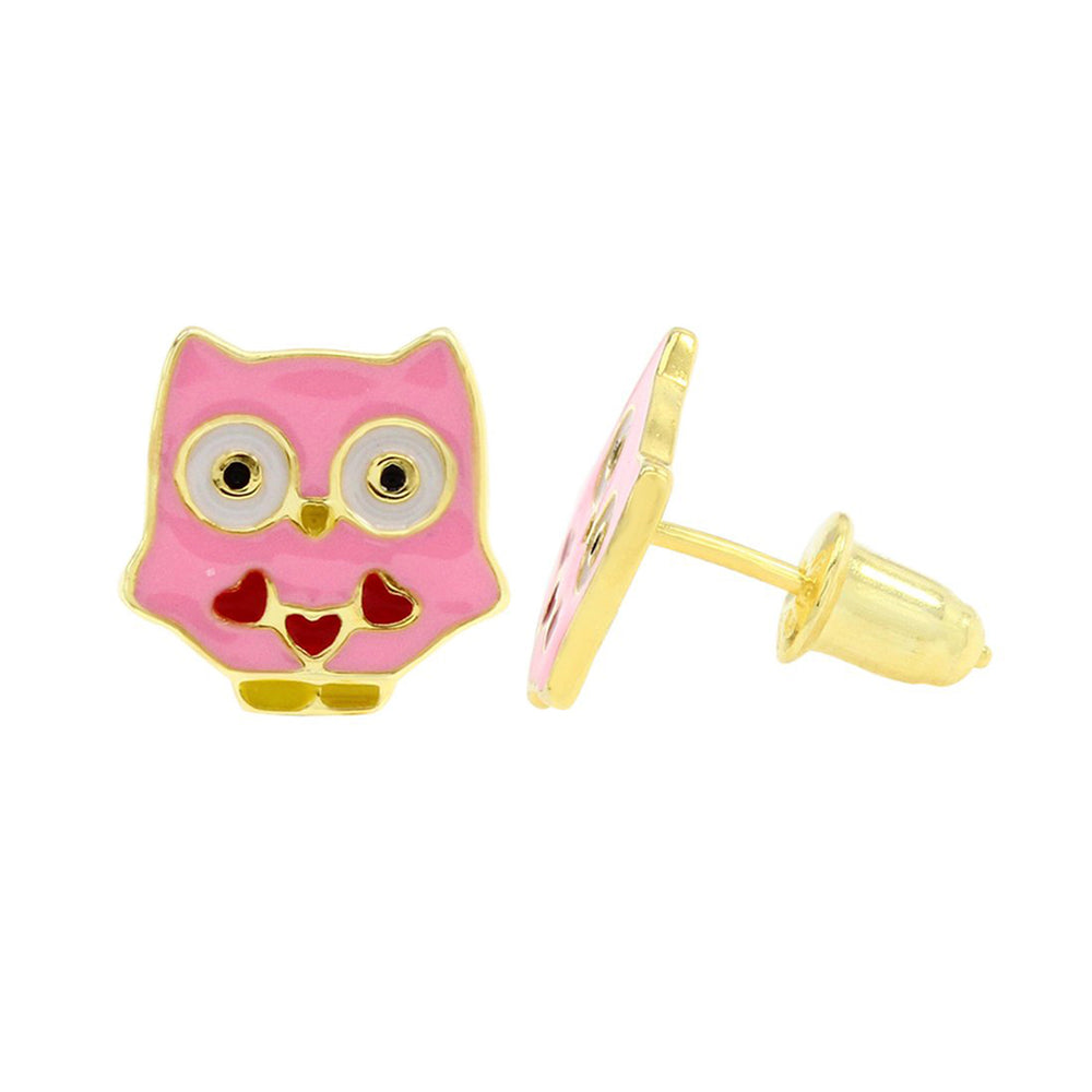 
                      
                        Jewelry Pink & Red Enamel Owl Stud Earrings in 14k Gold Over Sterling Silver
                      
                    