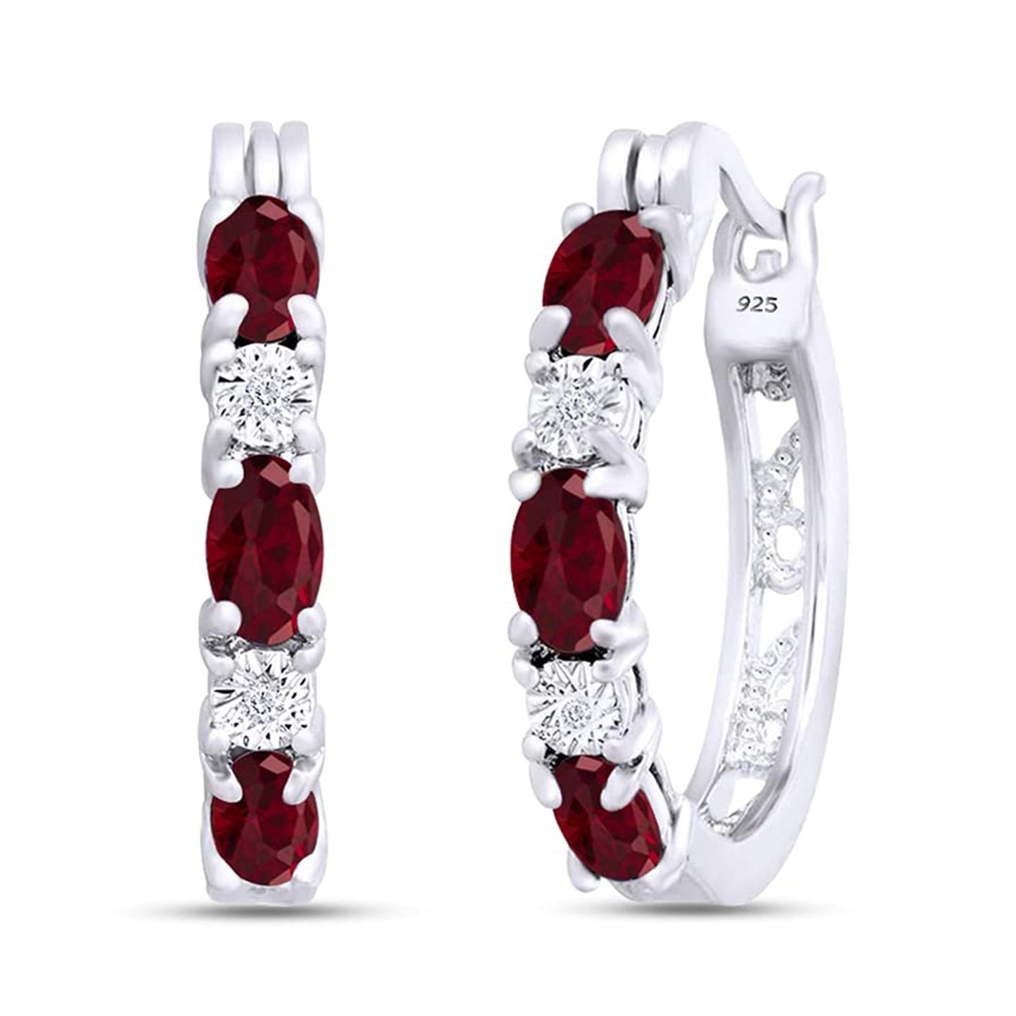 1.50 Carat Oval Cut Simulated Ruby And Round Cut White Natural Diamond Hoop Earrings In 14k Gold Plated 925 Sterling Silver Jewelry Gift For Women Wedding