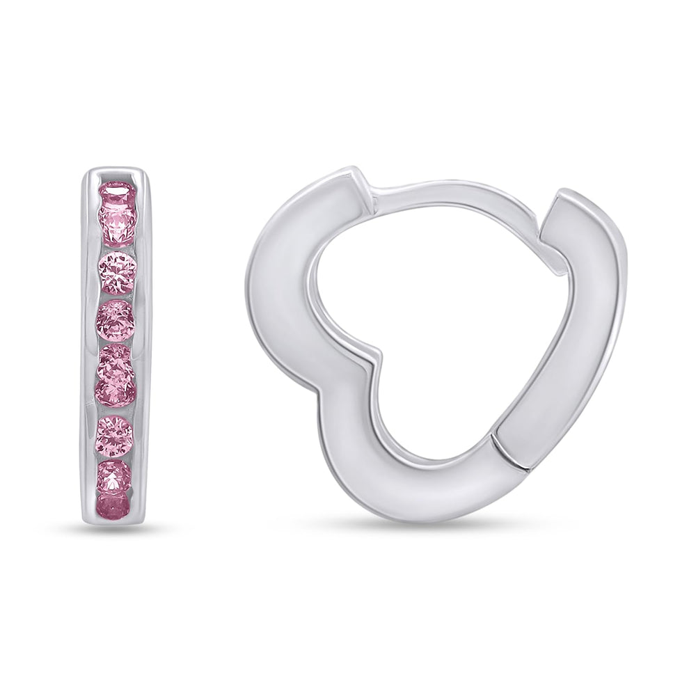 
                      
                        Round Simulated Pink Tourmaline Single Row Heart Shaped Huggie Hoop Earrings For Women In 925 Sterling Silver
                      
                    